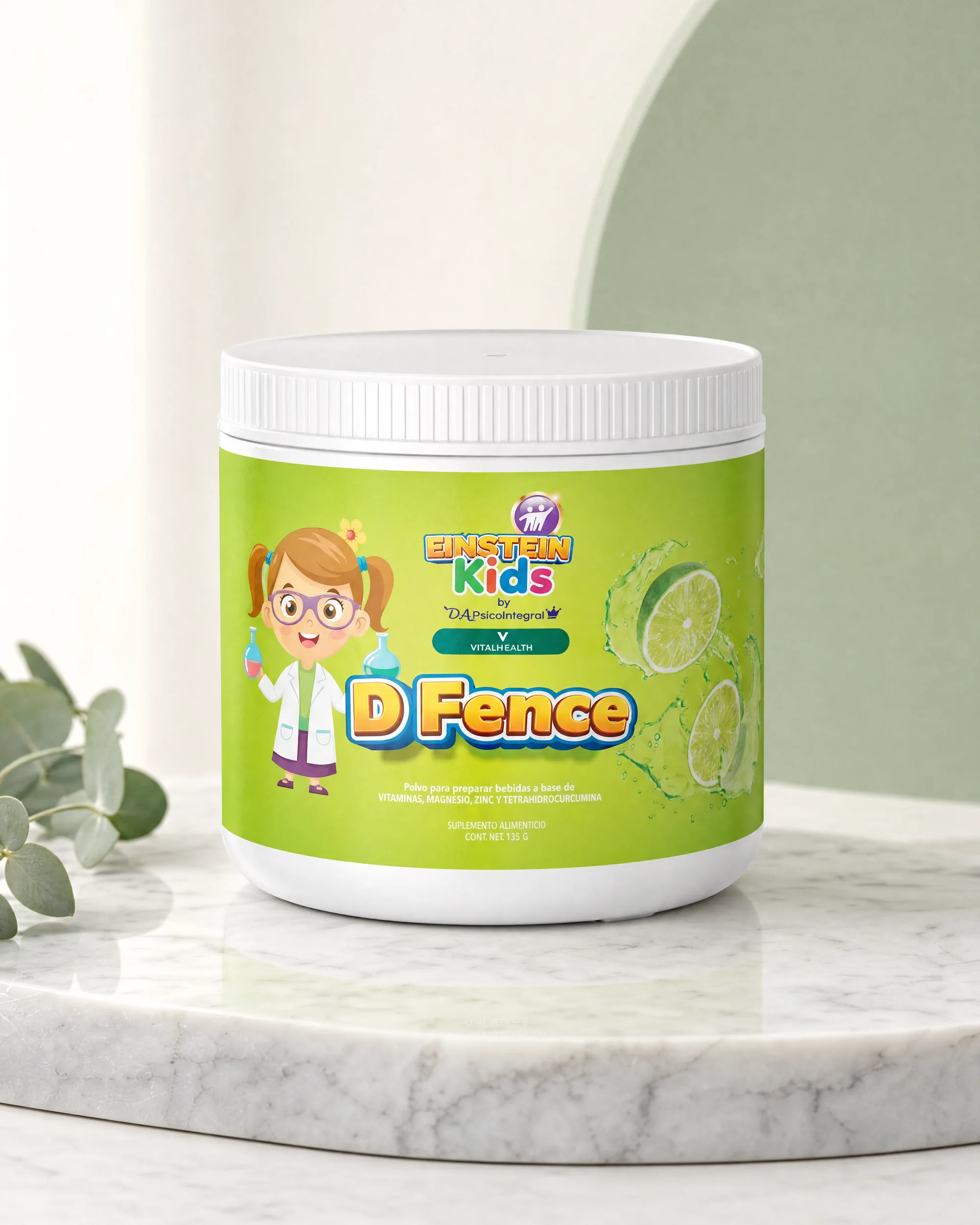 D-Fence Kids — Vitaminas, minerales y fibra prebiótica · sabor lima