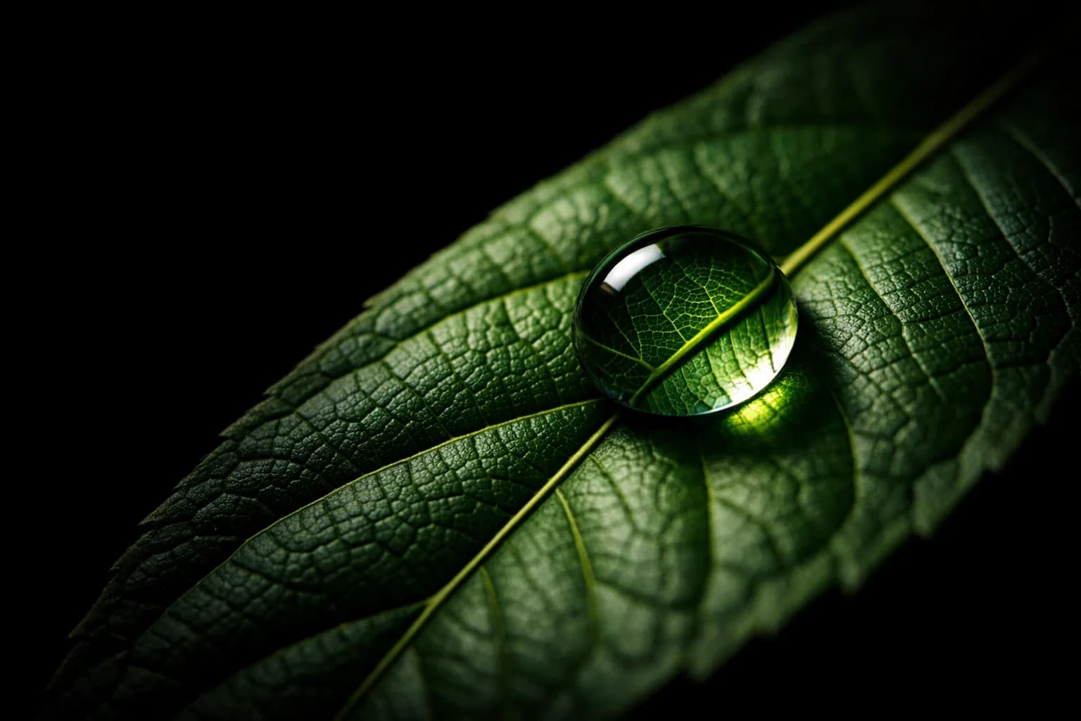 Hoja verde con gota de agua sobre fondo oscuro