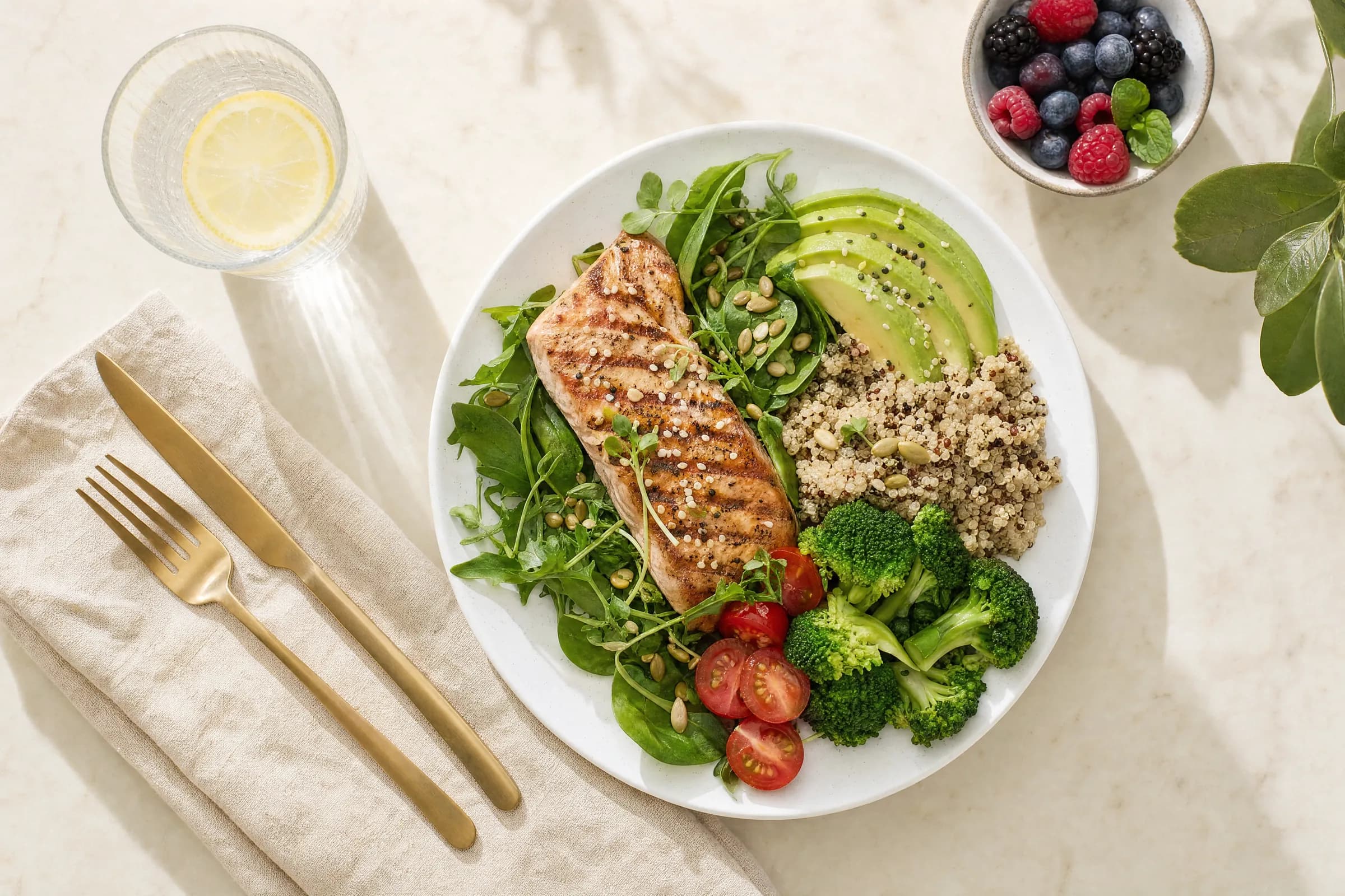 Imagen editorial de una comida con vegetales y proteína