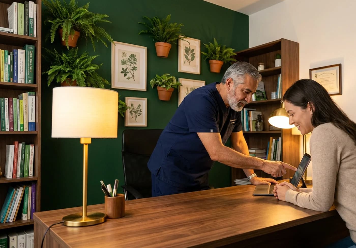 Médico explicando resultados a una paciente en el consultorio
