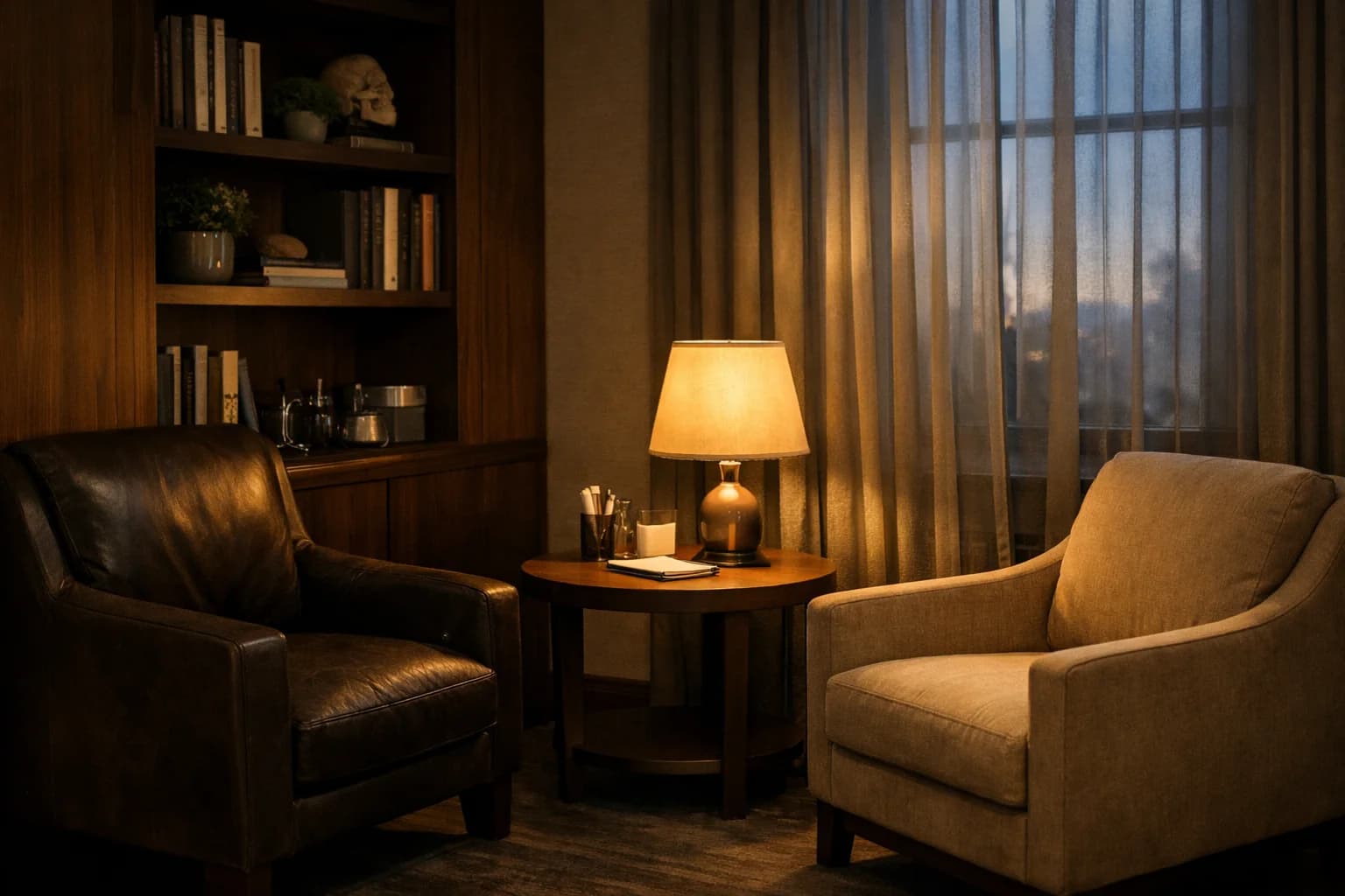 Sala de consulta con sillones frente a frente y luz cálida