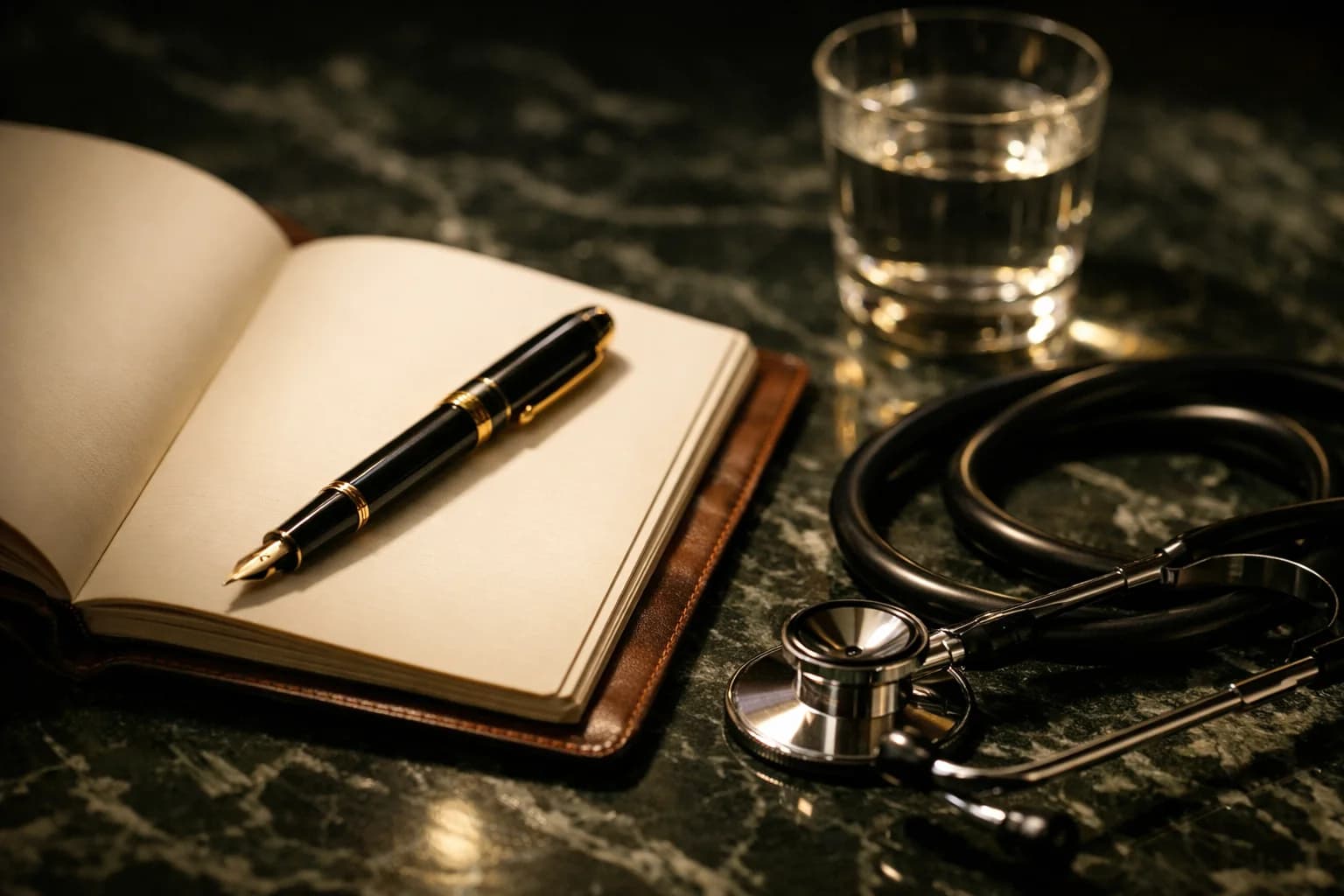 Detalle de pluma, libreta y estetoscopio sobre mármol verde