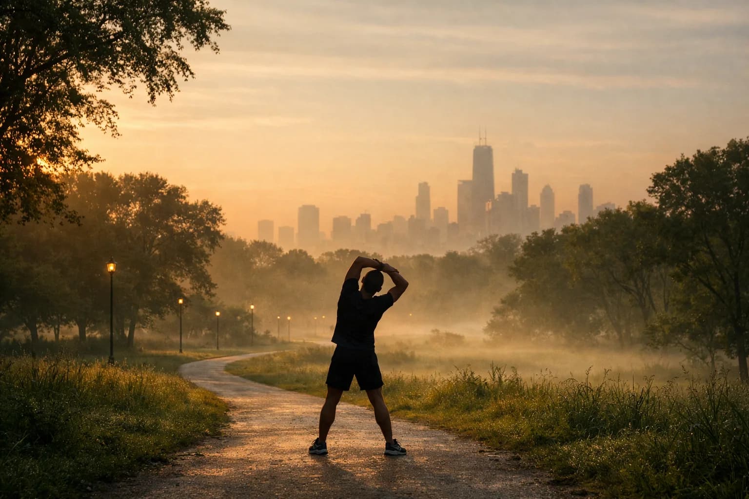 Persona estirando al amanecer en un parque urbano