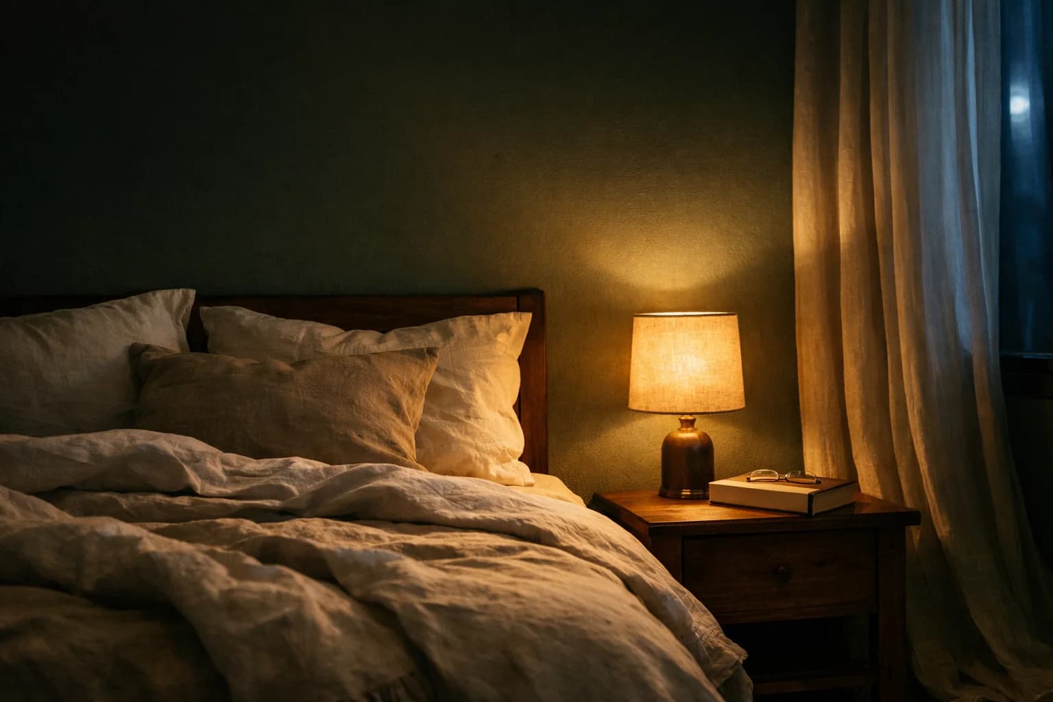 Recámara serena con ropa de cama de lino y luz cálida