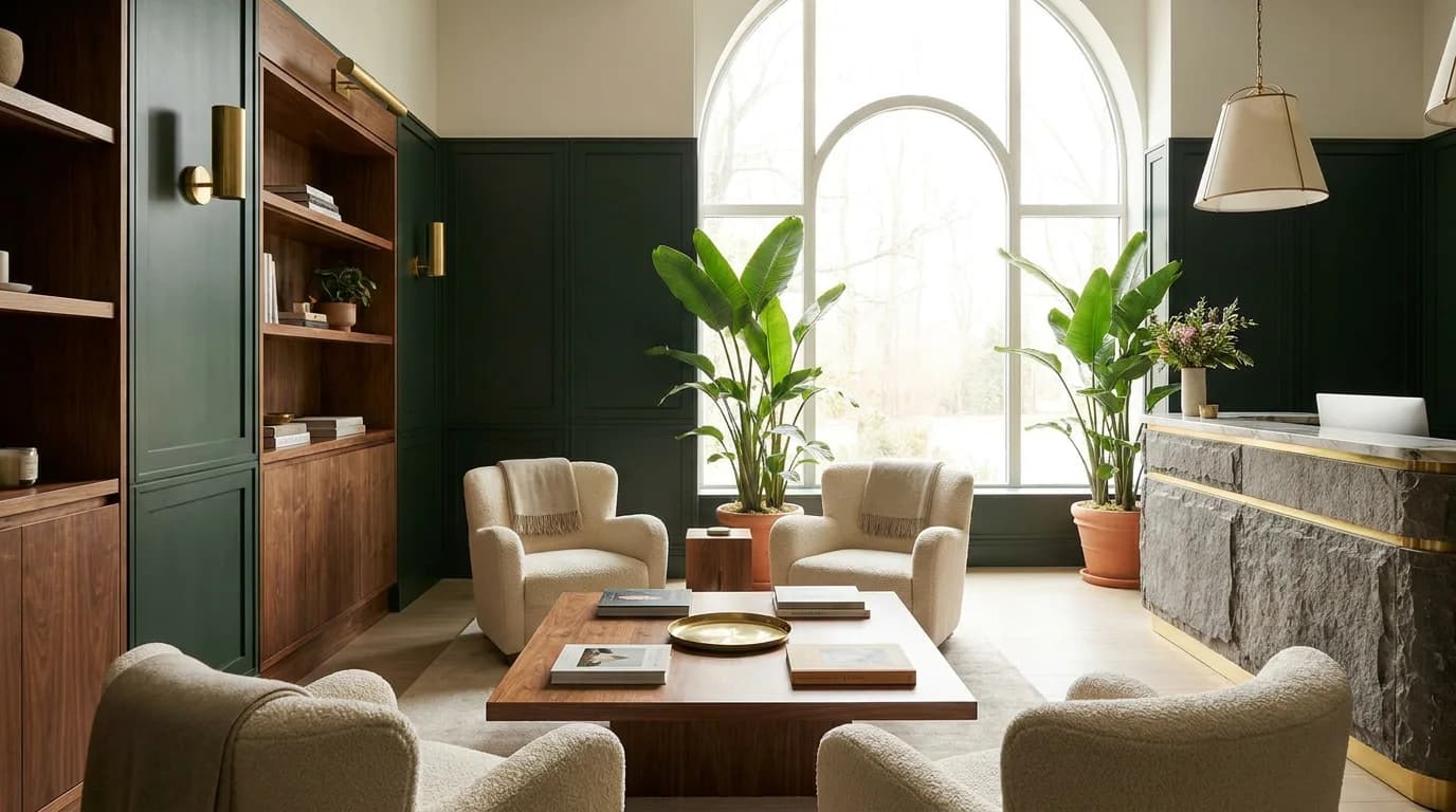 Recepción luminosa de Infiniti Health con plantas y luz natural